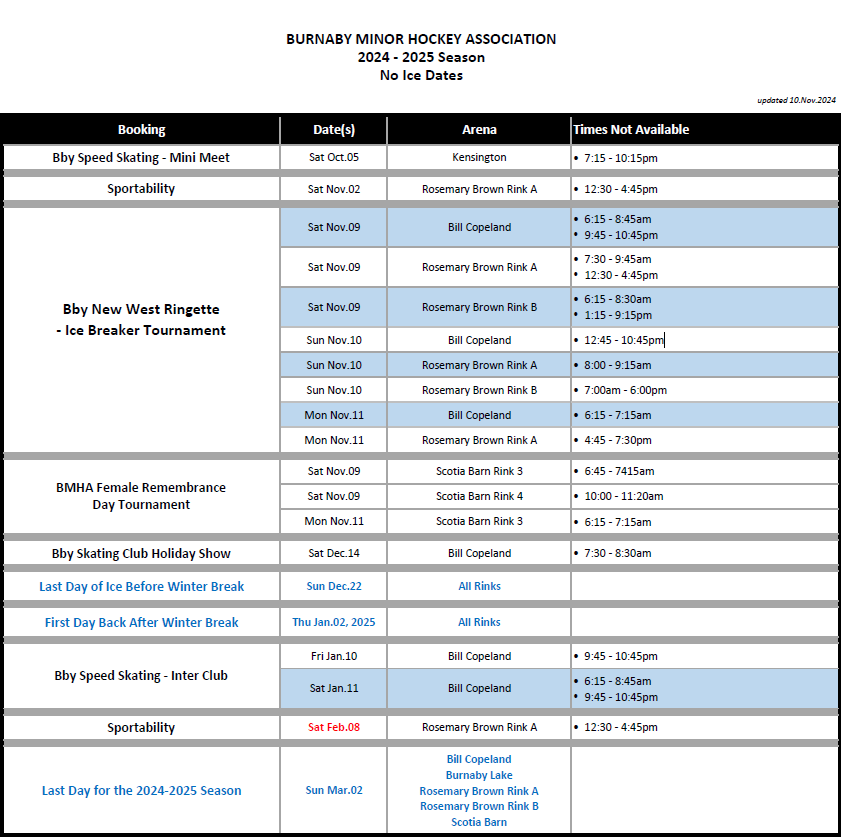 2024-25 no ice dates nov 10